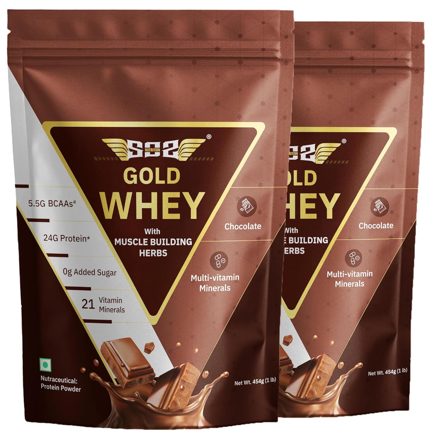 SOS Nutrition Gold Whey Protein Powder (Chocolate 454g) (Pack of 2) For Men Women 5.5g BCAAs, 30 Serving