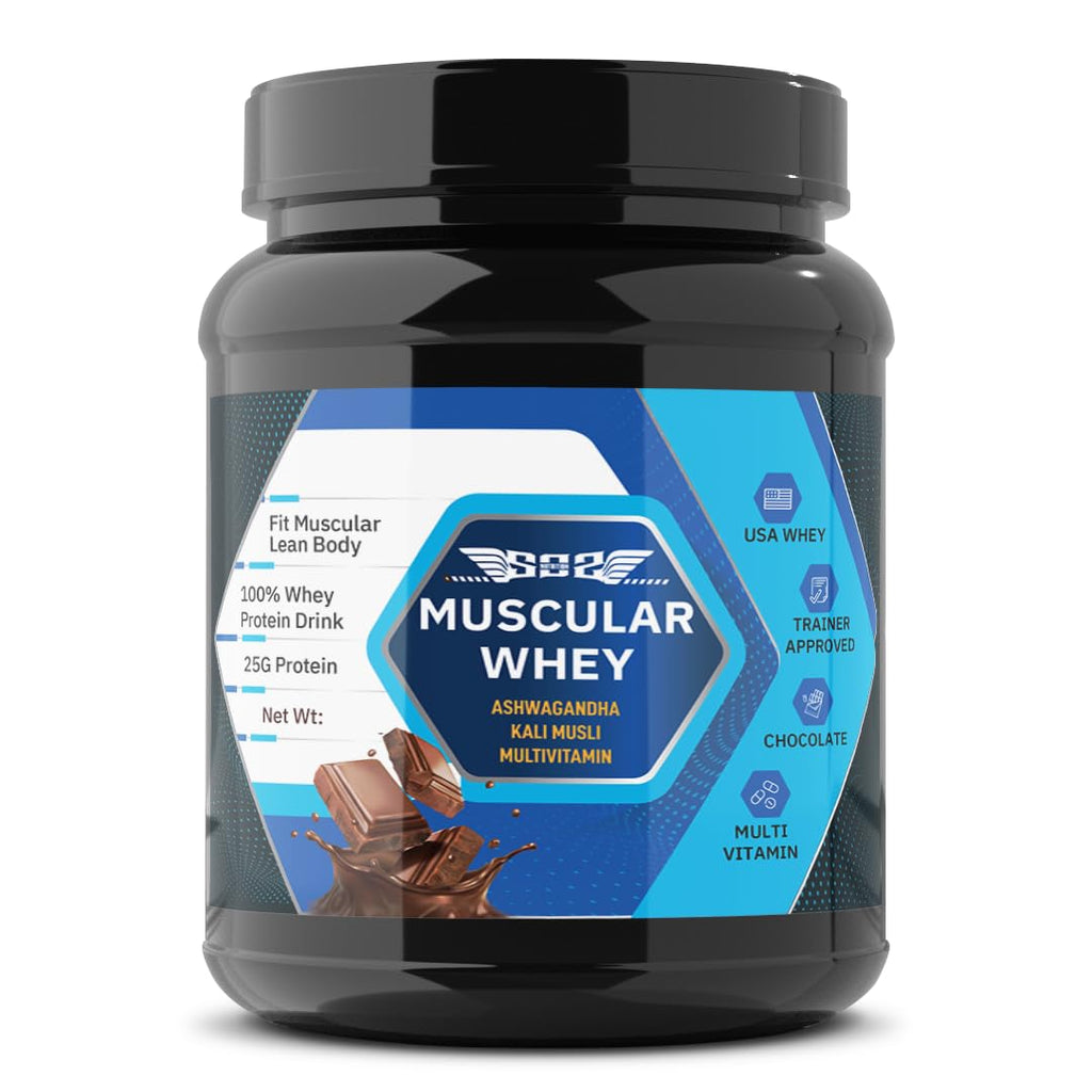 SOS Nutrition Whey Protein – 24g Protein, 5.5g BCAA with Digestive Enzymes (Chocolate, 500g)