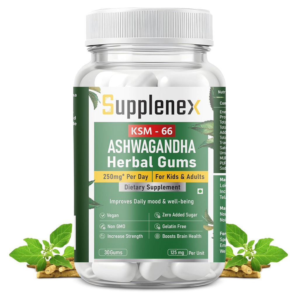 Supplenex Ashwagandha KSM-66 Herbal Chewing Gum 250mg | Boosts Strength & Stress Relief | 30 Gums