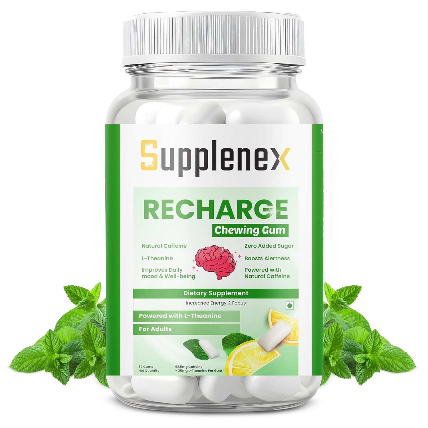 Supplenex NeuroGum Energy & Focus Caffeine + L-Theanine Sugar-Free Chewing Gum, Mint, 30 Gums