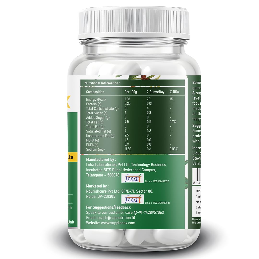 Supplenex Ashwagandha KSM-66 Herbal Chewing Gum 250mg | Boosts Strength & Stress Relief | 30 Gums