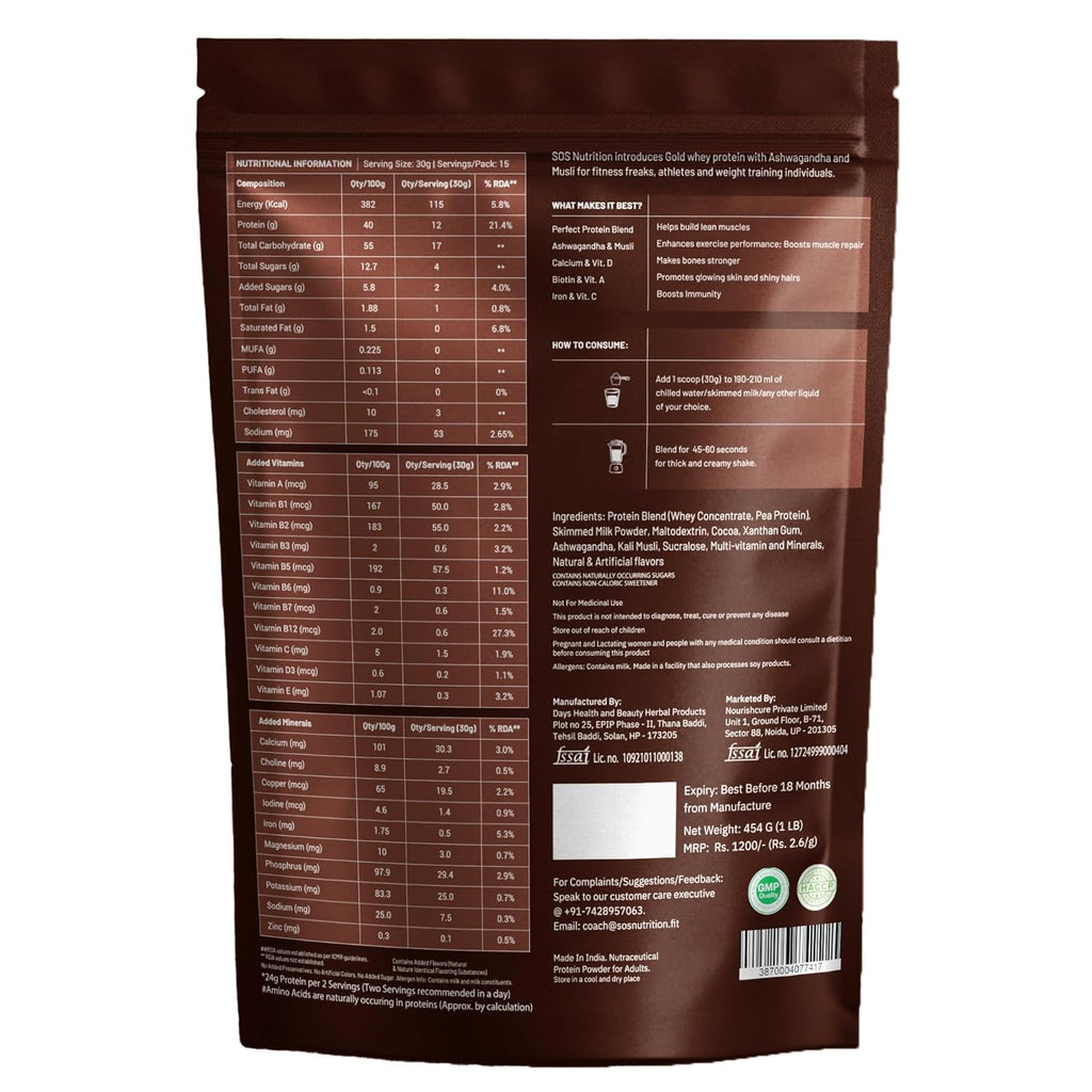 SOS Nutrition Gold Whey Protein Powder (Chocolate 454g) (Pack of 2) For Men Women 5.5g BCAAs, 30 Serving