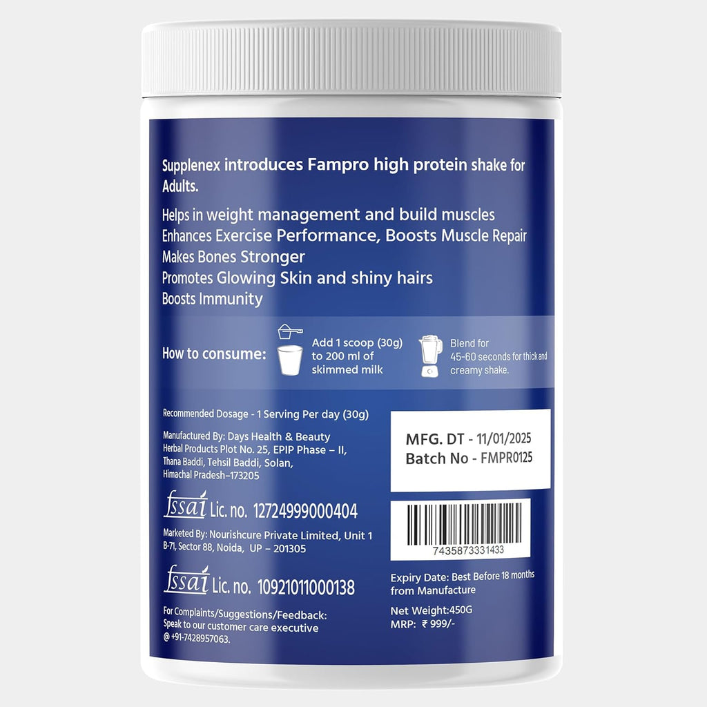 Suppplenex Fampro High Protein Shake 450g – Daily Nutrition for Men & Women, Strength & Energy Support,