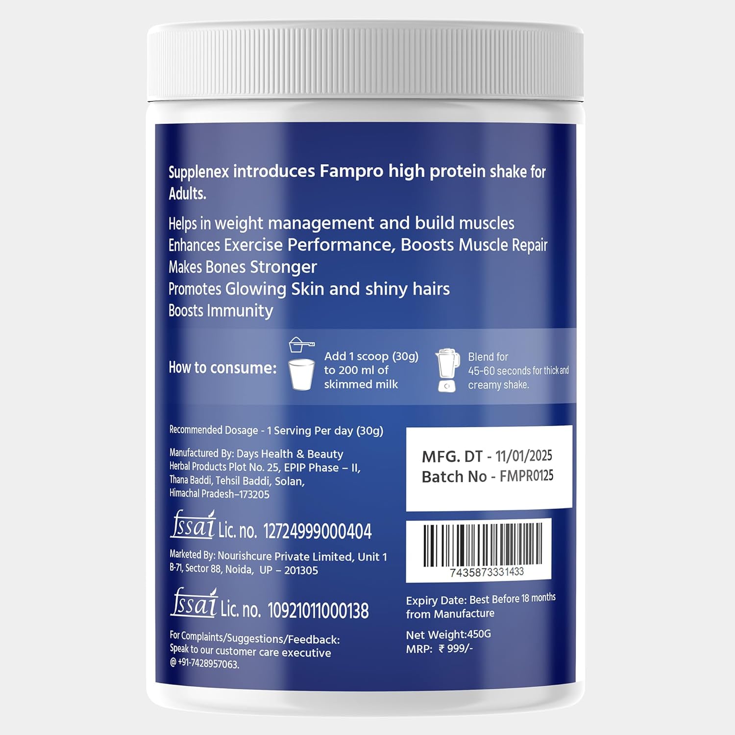 Suppplenex Fampro High Protein Shake 450g – Daily Nutrition for Men & Women, Strength & Energy Support,