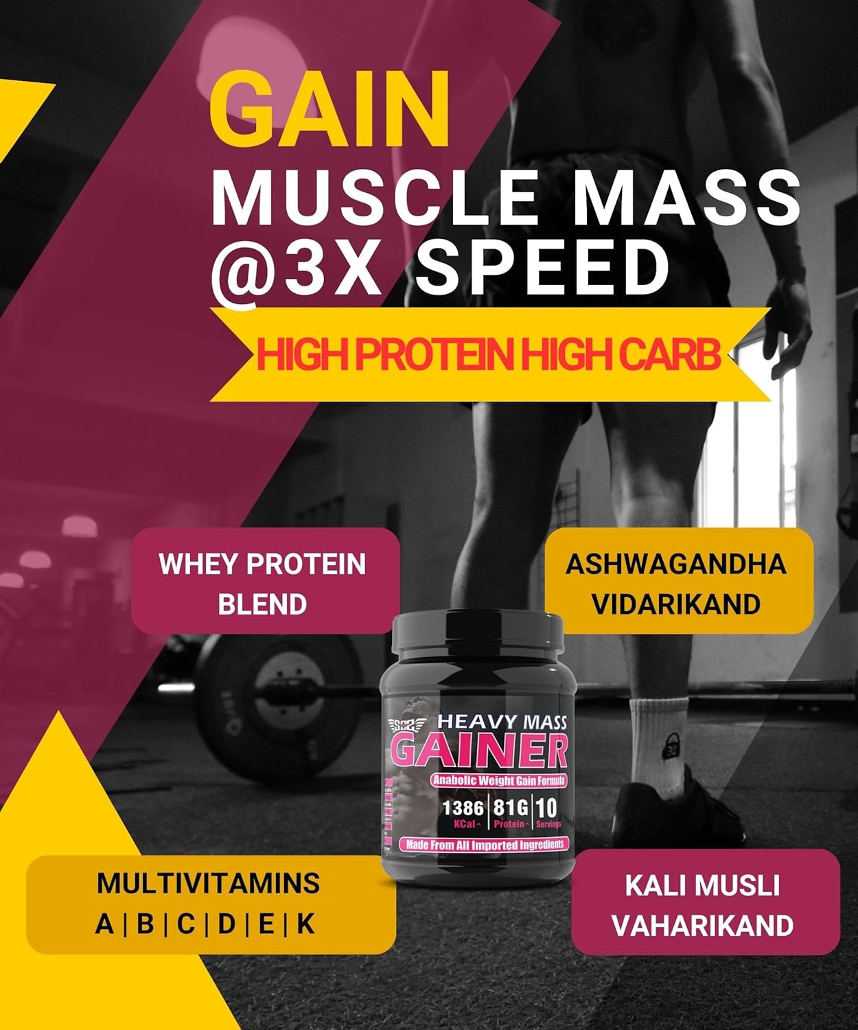 SOS Nutrition High-Calorie Heavy Mass Gainer Protein Powder ( Strawberry 1kg ) Men & Women