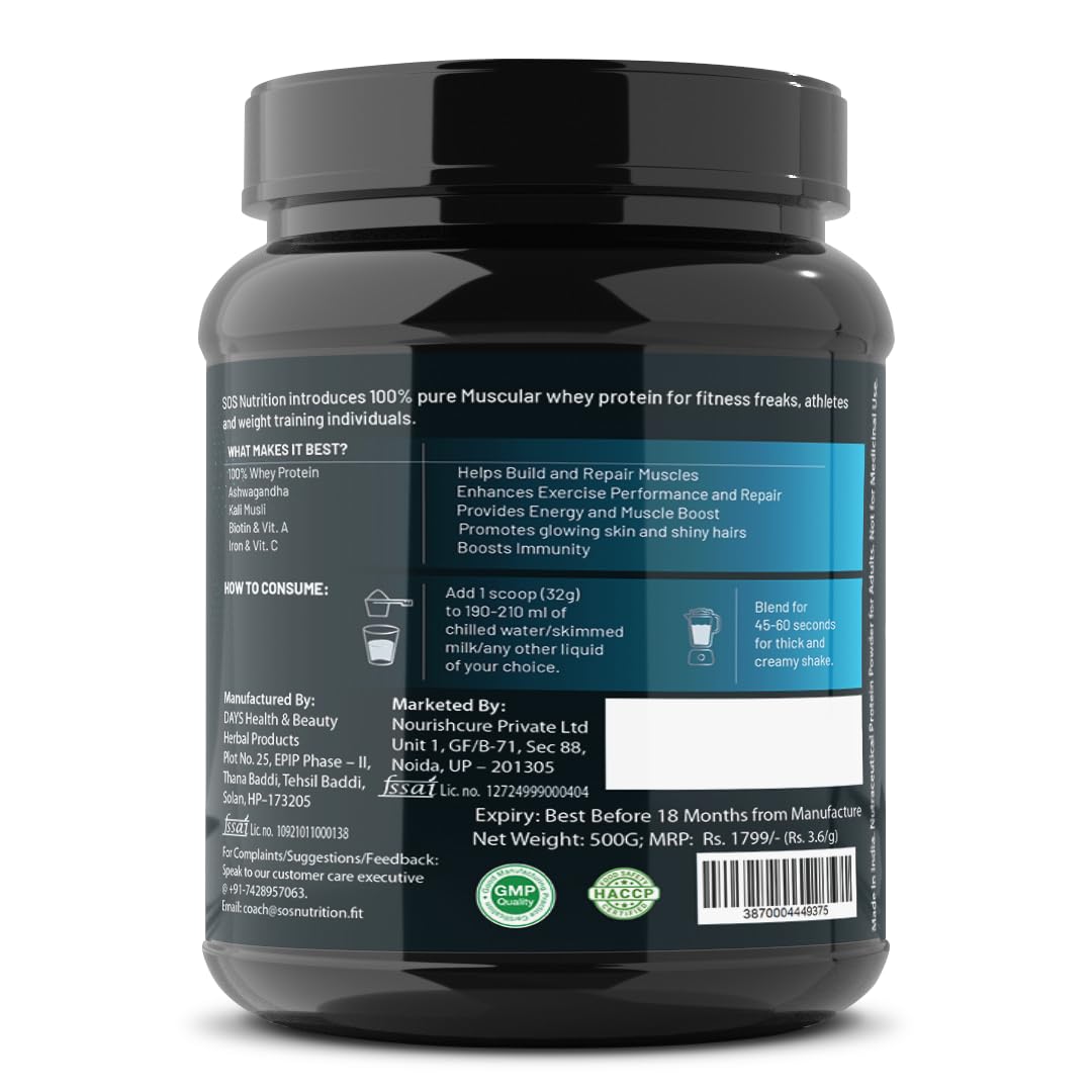 SOS Nutrition Whey Protein – 24g Protein, 5.5g BCAA with Digestive Enzymes (Chocolate, 500g)