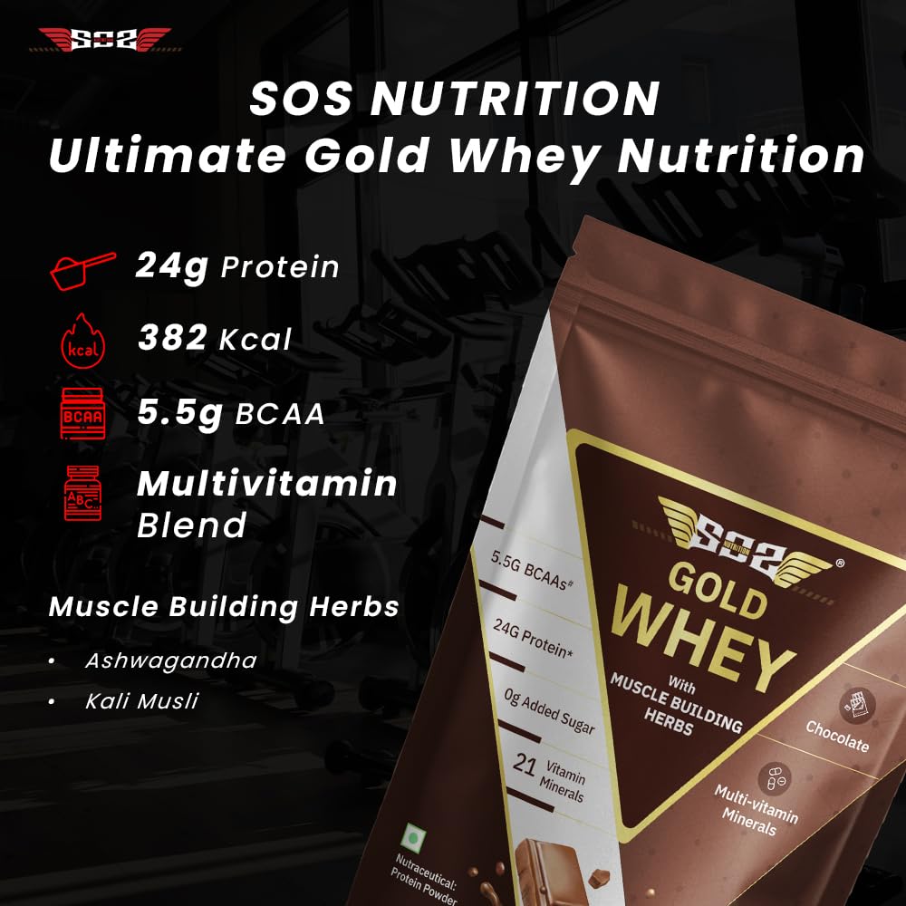 SOS Nutrition Gold Whey Protein Powder (Chocolate 454g) (Pack of 2) For Men Women 5.5g BCAAs, 30 Serving