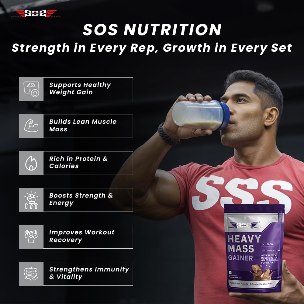 SOS Nutrition High-Calorie Heavy Mass Gainer Protein Powder ( Chocolate 500g )  Men & Women