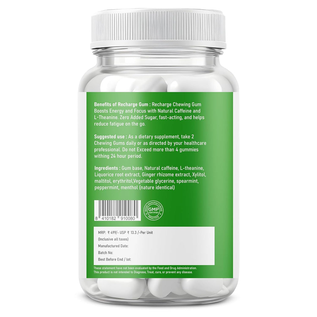 Supplenex NeuroGum Energy & Focus Caffeine + L-Theanine Sugar-Free Chewing Gum, Mint, 30 Gums