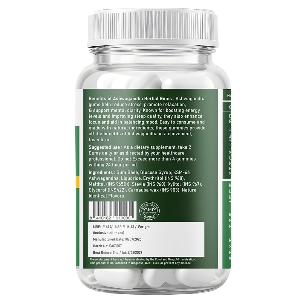 Supplenex Ashwagandha KSM-66 Herbal Chewing Gum 250mg | Boosts Strength & Stress Relief | 30 Gums