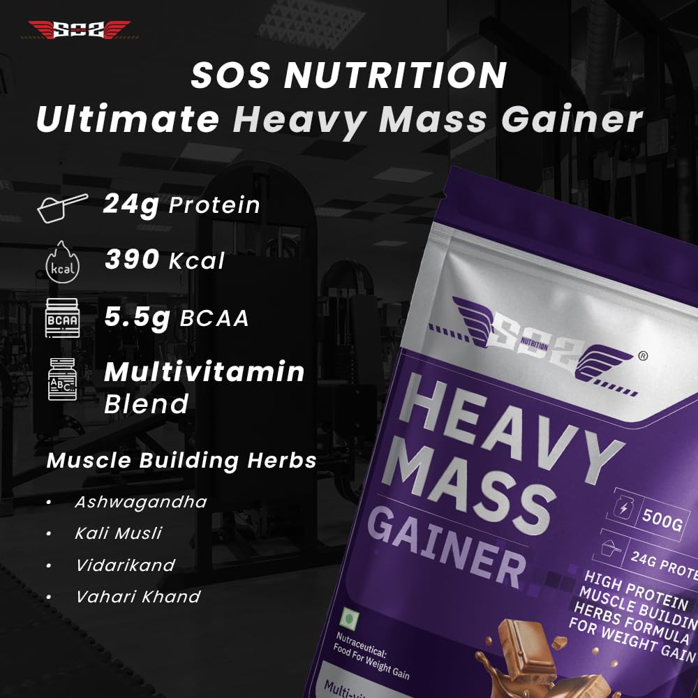 SOS Nutrition High-Calorie Heavy Mass Gainer Protein Powder ( Chocolate 1kg )  Men & Women