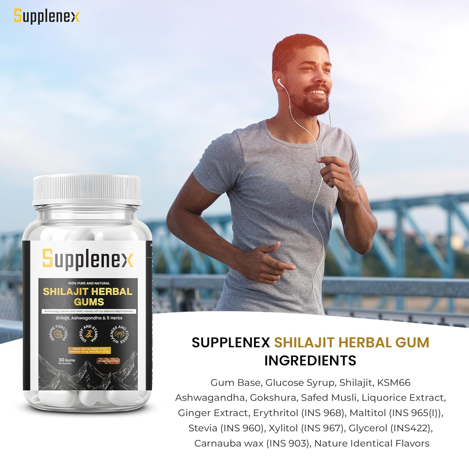 Supplenex Himalayan Shilajit & Ashwagandha Gummies | Energy & Stamina Boost | Sugar-Free | Unisex | 30 Gum