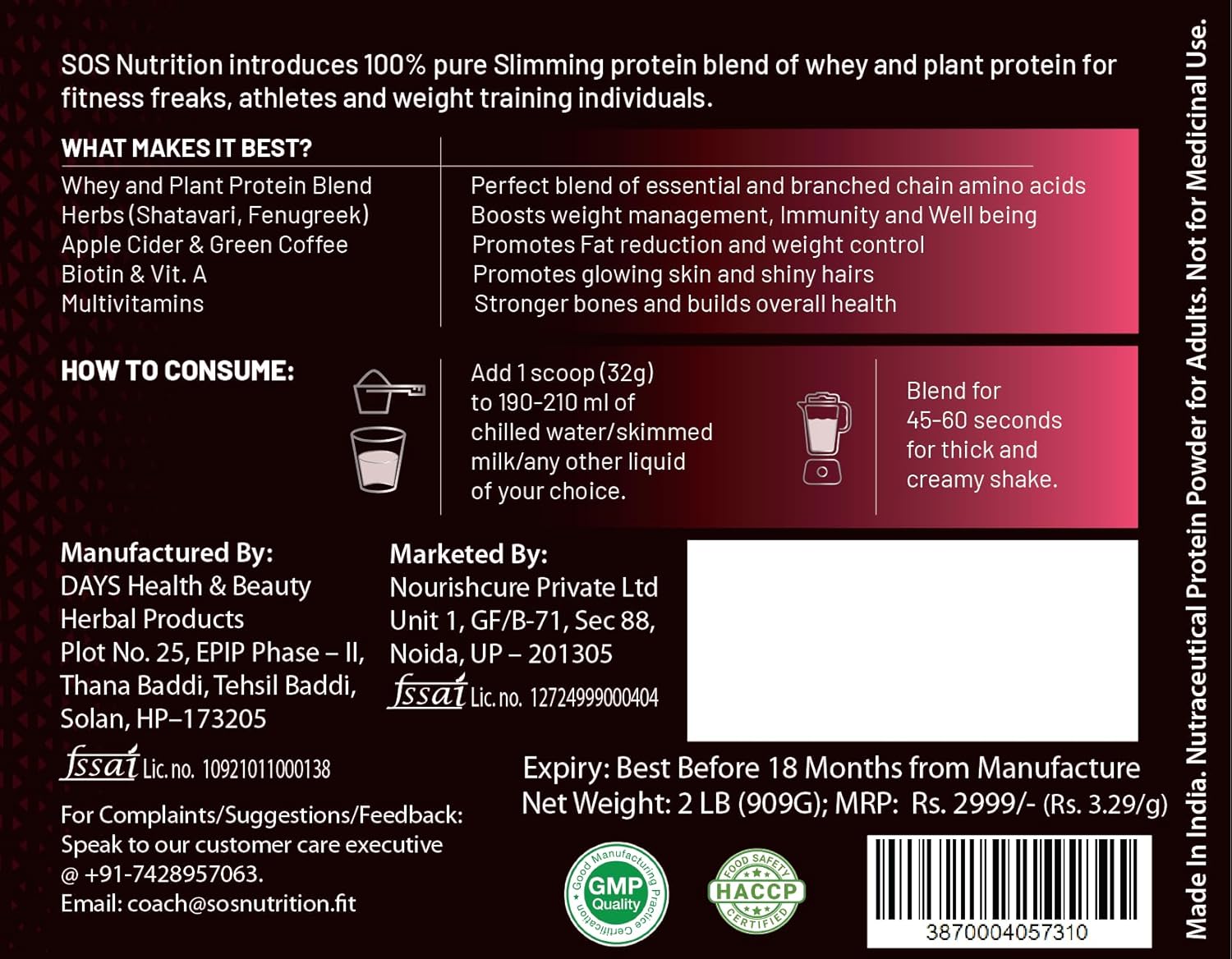 Slimming Whey Women Protein Powder 910gm | Strawberry Flavour | Weight Loss Protein Powder