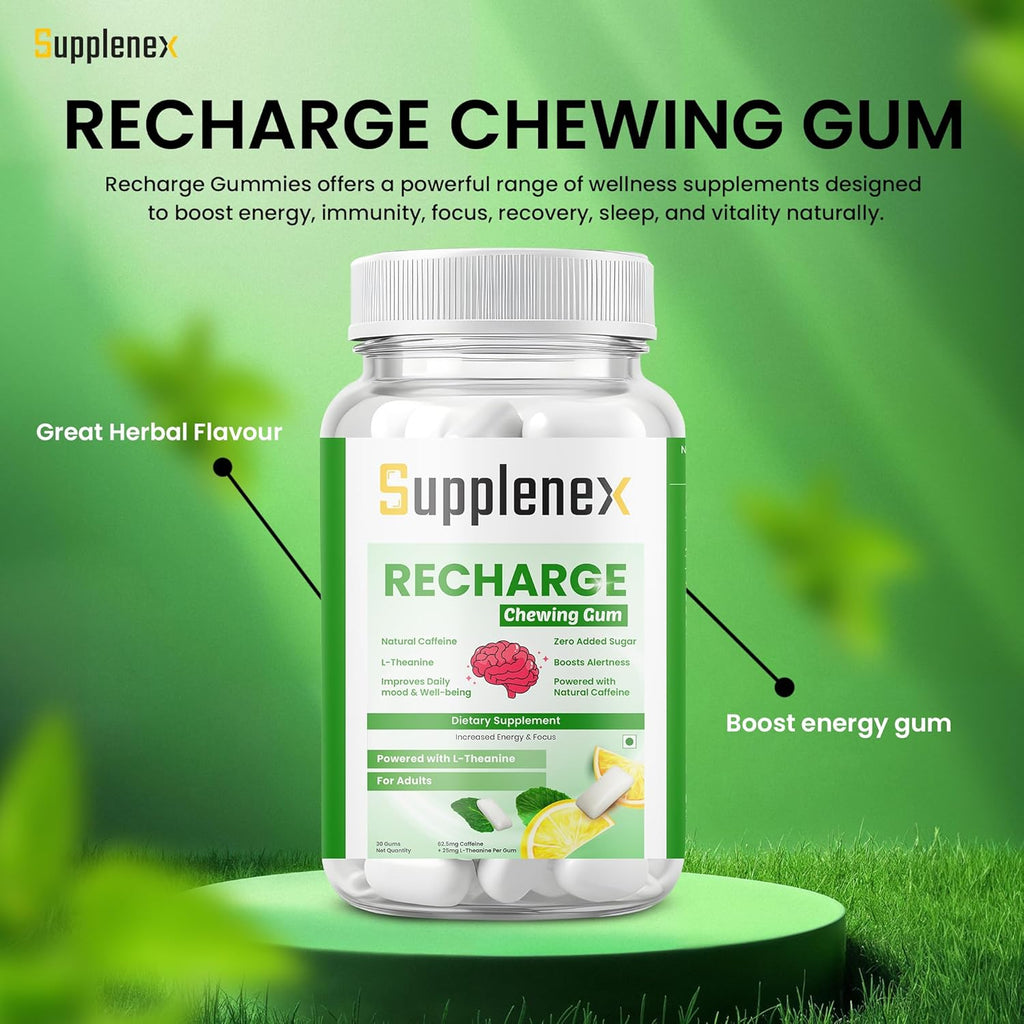 Supplenex NeuroGum Energy & Focus Caffeine + L-Theanine Sugar-Free Chewing Gum, Mint, 30 Gums