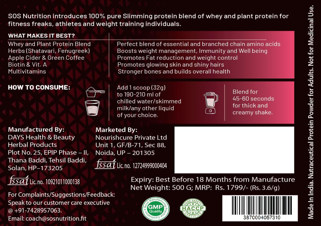 Slimming Whey Women Protein Powder 500gm | Strawberry Flavour | Weight Loss Protein Powder