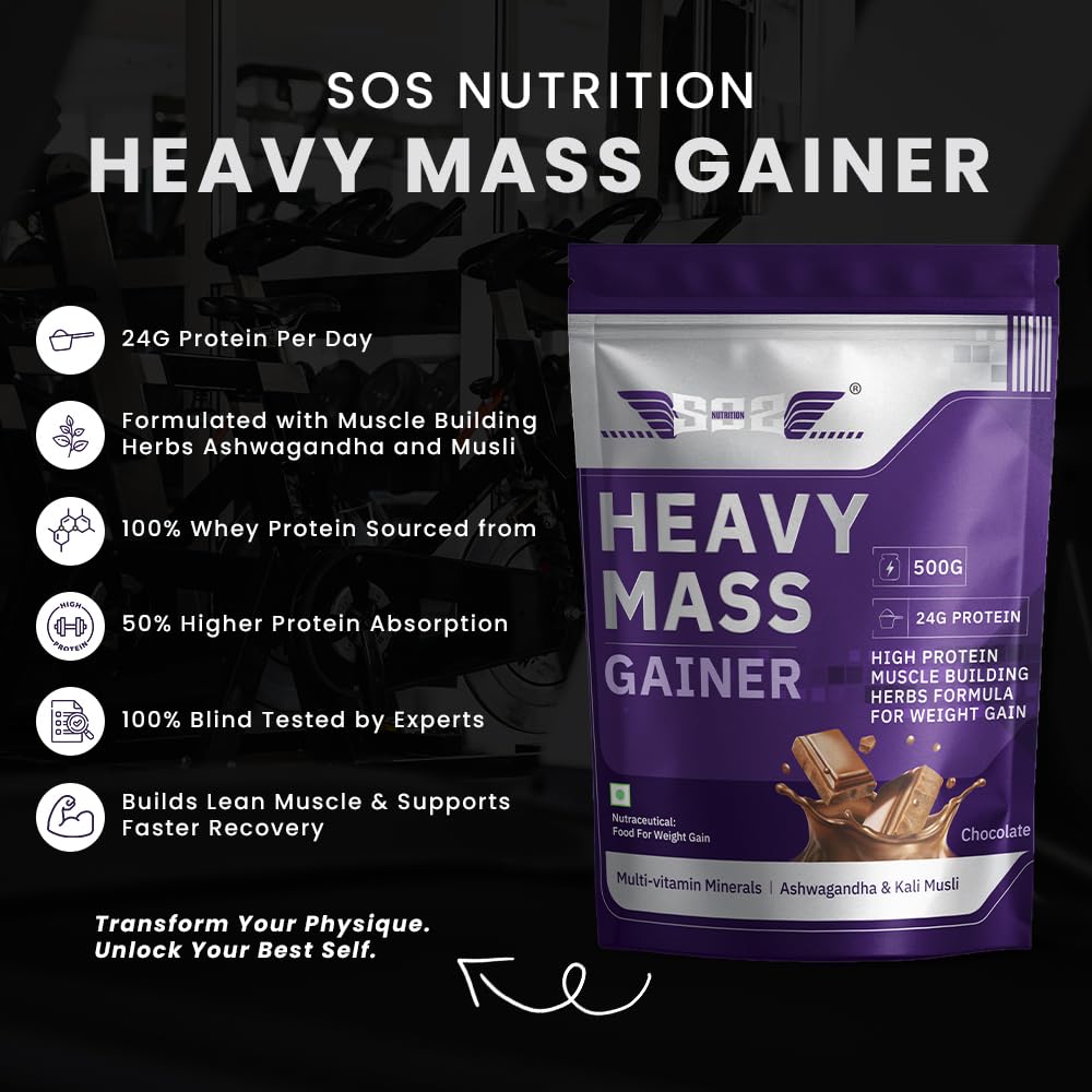 SOS Nutrition High-Calorie Heavy Mass Gainer Protein Powder ( Chocolate 500g )  Men & Women
