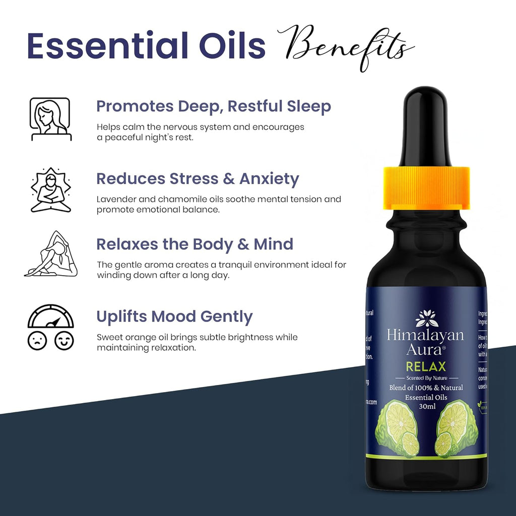 Himalayan Aura Relax Essential Oil Diffuse Blend | 100 % Natural & Pure Aromatherapy For Stress Relief & Healing | 30ML