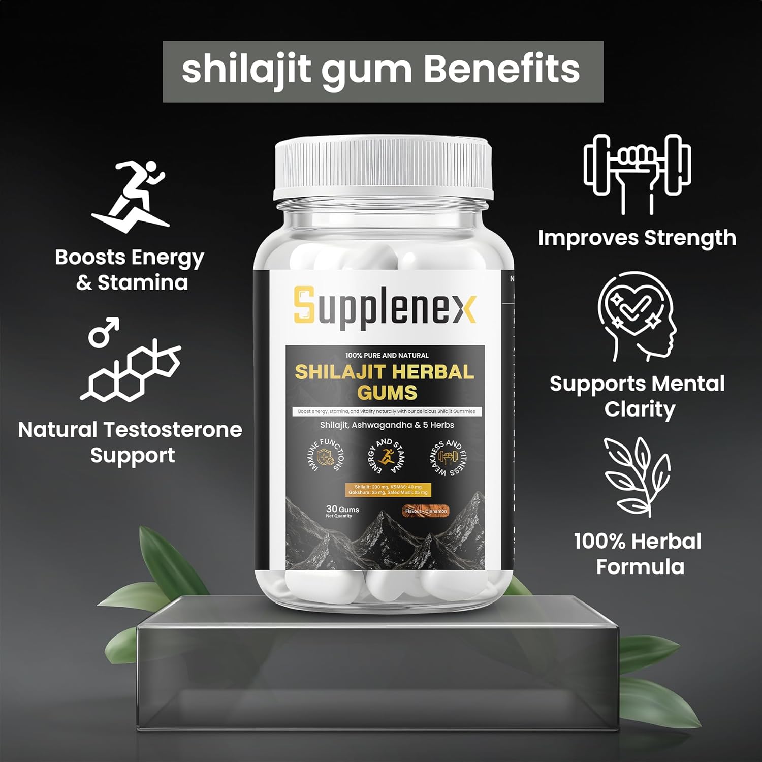 Supplenex Himalayan Shilajit & Ashwagandha Gummies | Energy & Stamina Boost | Sugar-Free | Unisex | 30 Gum
