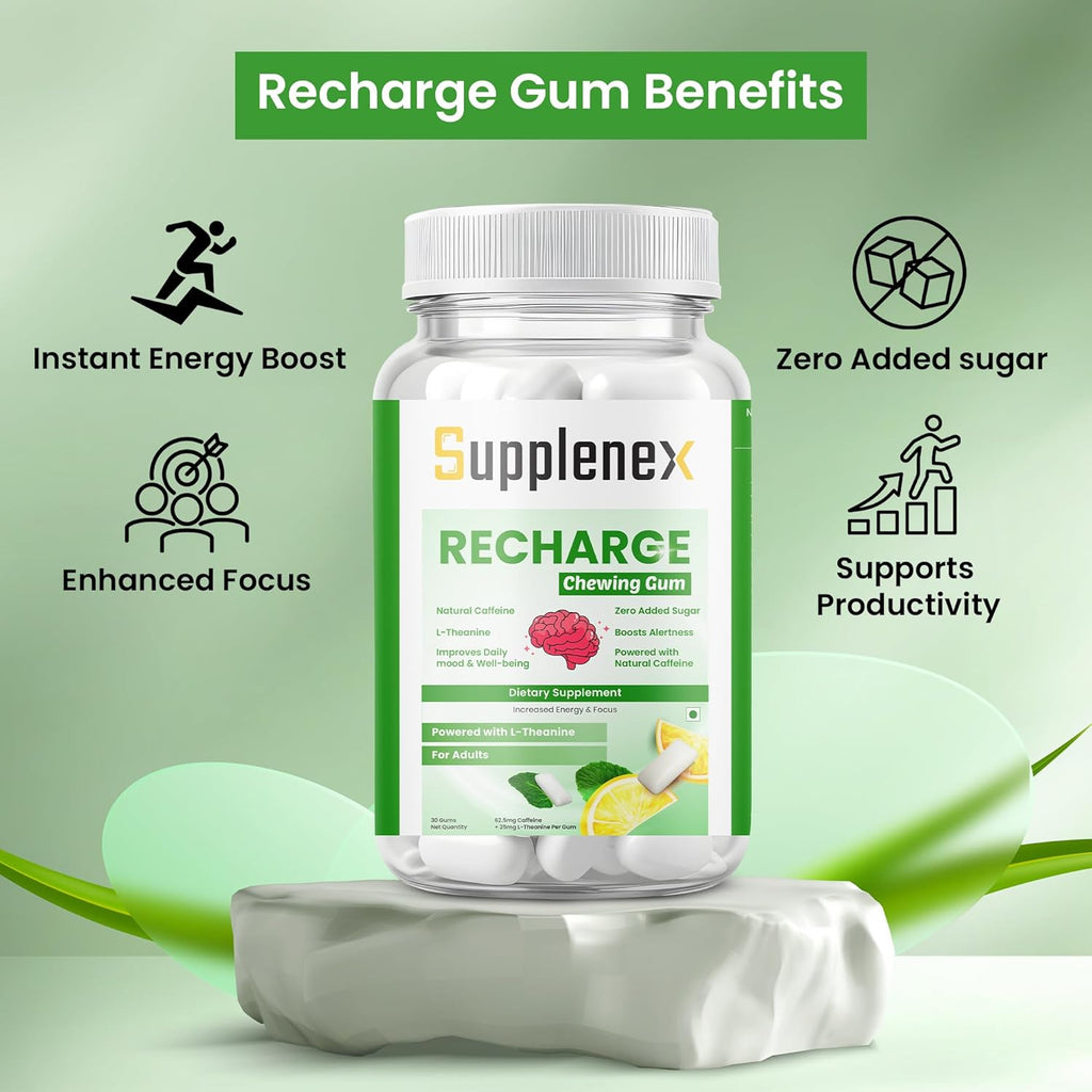 Supplenex NeuroGum Energy & Focus Caffeine + L-Theanine Sugar-Free Chewing Gum, Mint, 30 Gums