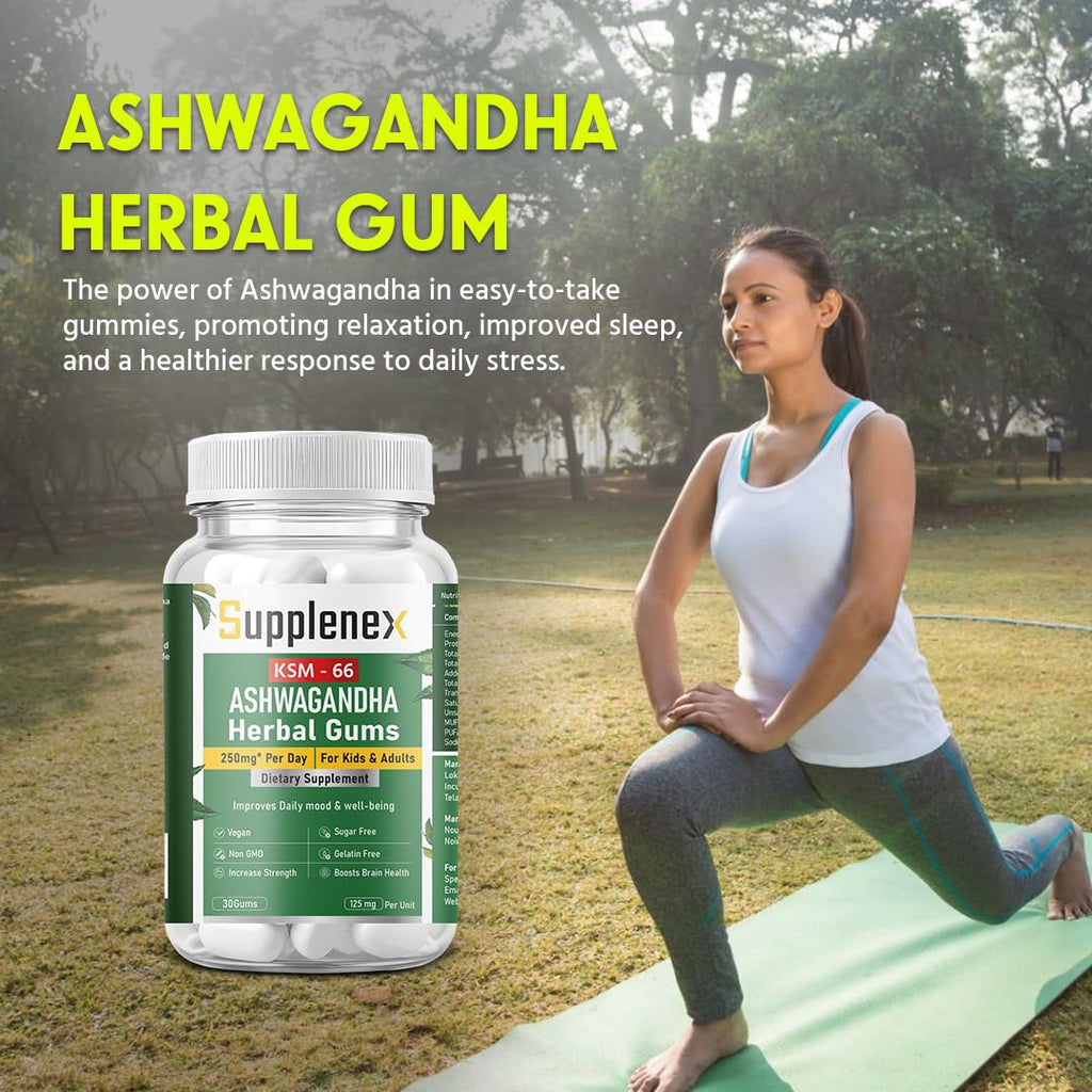 Supplenex Ashwagandha KSM-66 Herbal Chewing Gum 250mg | Boosts Strength & Stress Relief | 30 Gums