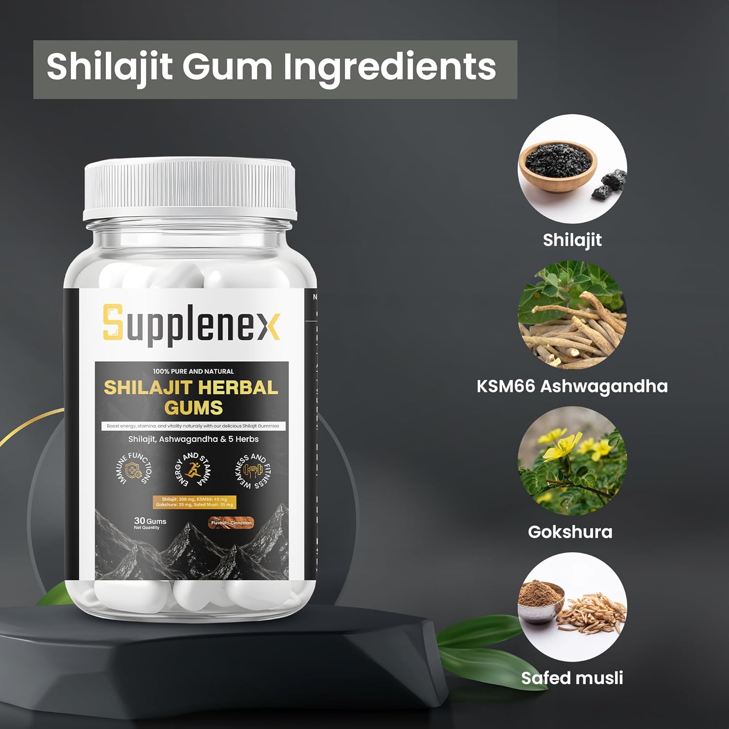 Supplenex Himalayan Shilajit & Ashwagandha Gummies | Energy & Stamina Boost | Sugar-Free | Unisex | 30 Gum