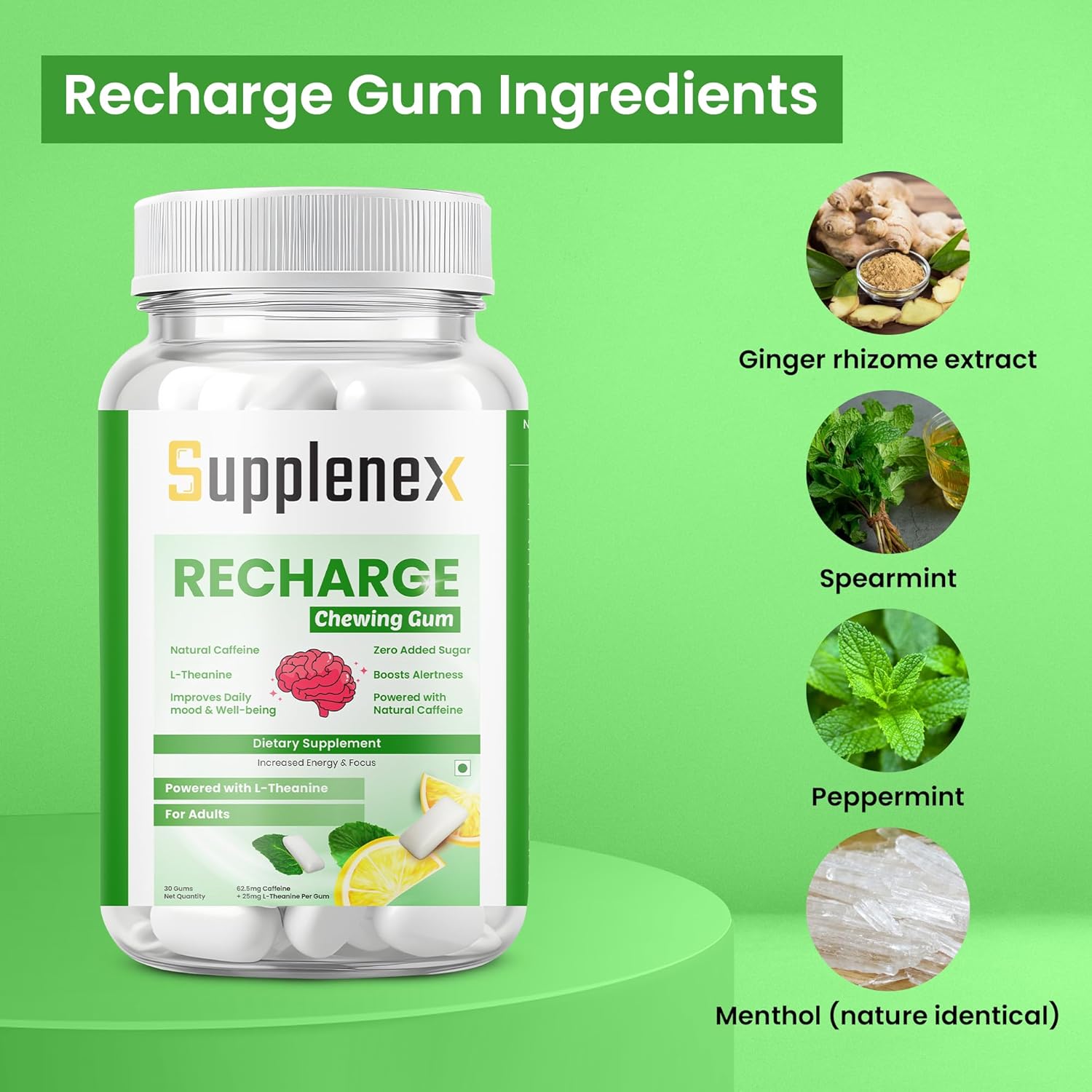 Supplenex NeuroGum Energy & Focus Caffeine + L-Theanine Sugar-Free Chewing Gum, Mint, 30 Gums