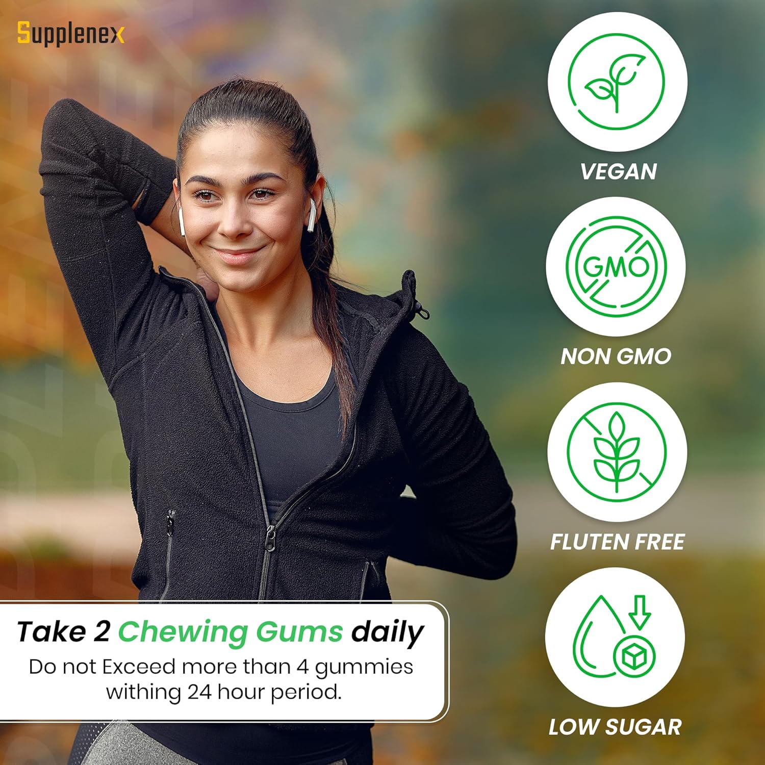 Supplenex NeuroGum Energy & Focus Caffeine + L-Theanine Sugar-Free Chewing Gum, Mint, 30 Gums