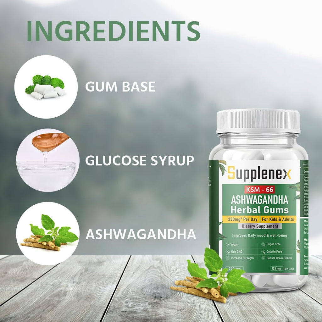 Supplenex Ashwagandha KSM-66 Herbal Chewing Gum 250mg | Boosts Strength & Stress Relief | 30 Gums
