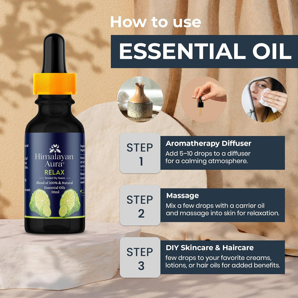 Himalayan Aura Relax Essential Oil Diffuse Blend | 100 % Natural & Pure Aromatherapy For Stress Relief & Healing | 30ML