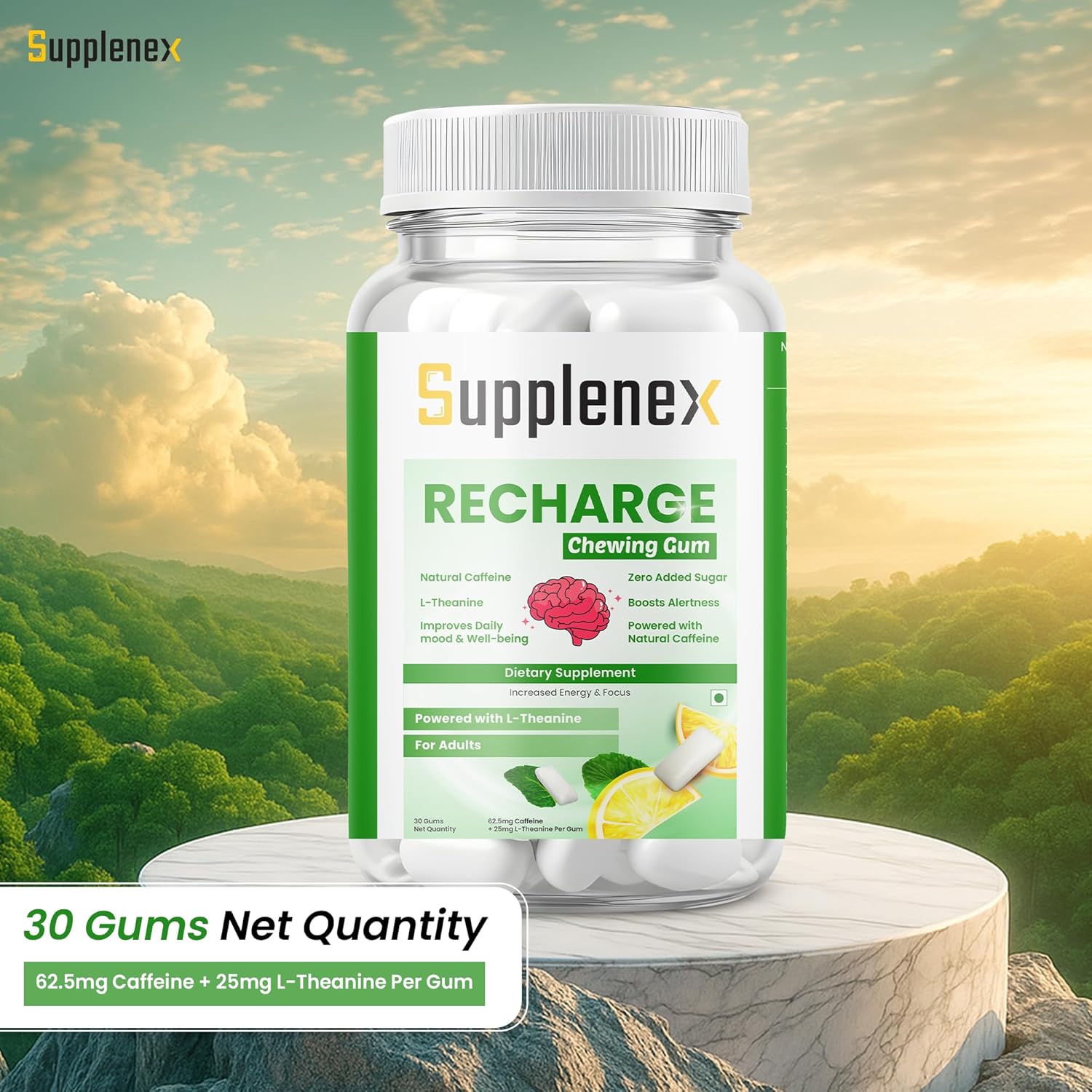 Supplenex NeuroGum Energy & Focus Caffeine + L-Theanine Sugar-Free Chewing Gum, Mint, 30 Gums