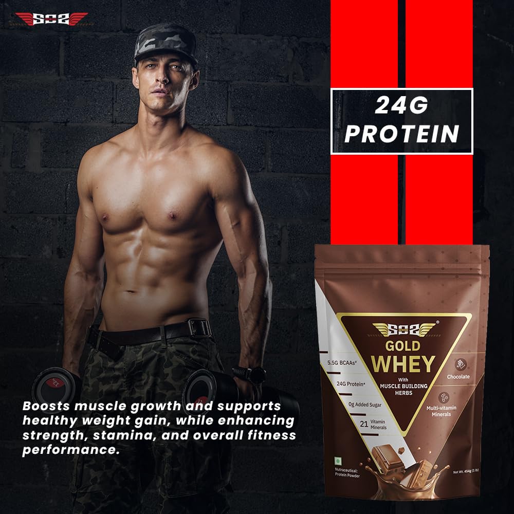 SOS Nutrition Gold Whey Protein Powder (Chocolate 454g) (Pack of 1) For Men Women 5.5g BCAAs, 30 Serving