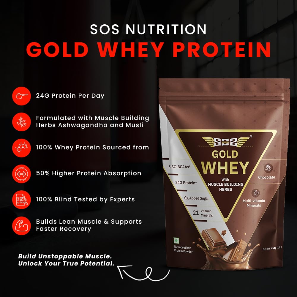 SOS Nutrition Gold Whey Protein Powder (Chocolate 454g) (Pack of 1) For Men Women 5.5g BCAAs, 30 Serving